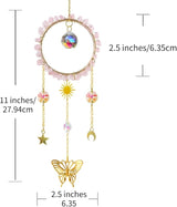 Crystal Sun Catcher, Natural Rose Quartz Crystal Suncatcher Hanging for Indoor Window, Dream Catchers for Car, Spiritual, Rainbow Maker