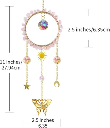 Crystal Sun Catcher, Natural Rose Quartz Crystal Suncatcher Hanging for Indoor Window, Dream Catchers for Car, Spiritual, Rainbow Maker