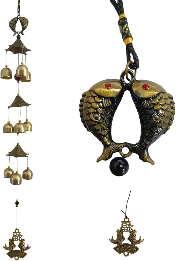 Fish with Energy Bead Wind Chimes Represents Richer Than Richer Copper Alloy 3 Layers+9 Bells for Outdoor Decorations Garden Yard Trees Or As A Good Gift
