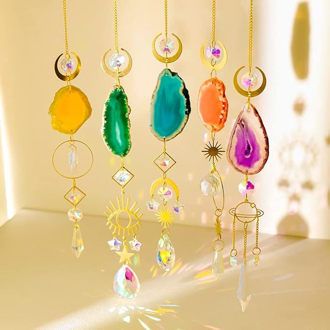 WEISIPU Set of 6 Crystal Sun Catchers - Window Hanging Sun Catchers with Crystals and Agate Slices, Wind Chimes Ornaments Decor Prism for Home Car Window Party Decorations-6 Pcs