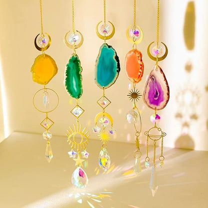 WEISIPU Set of 6 Crystal Sun Catchers - Window Hanging Sun Catchers with Crystals and Agate Slices, Wind Chimes Ornaments Decor Prism for Home Car Window Party Decorations-6 Pcs