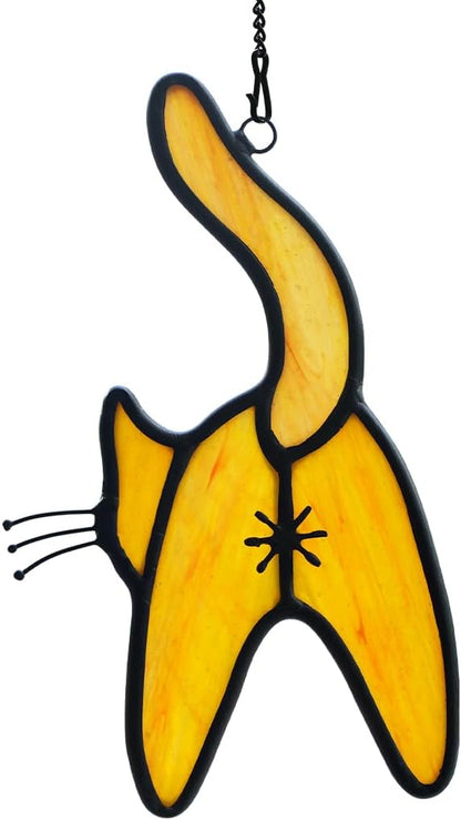 Orange Cat Stained Glass Suncatcher for Window,Funny Cute Cats Decor Stained Glass Window Hanging,Christmas, Halloween, for Cat Lovers,Women,Friends,Girl,Mom