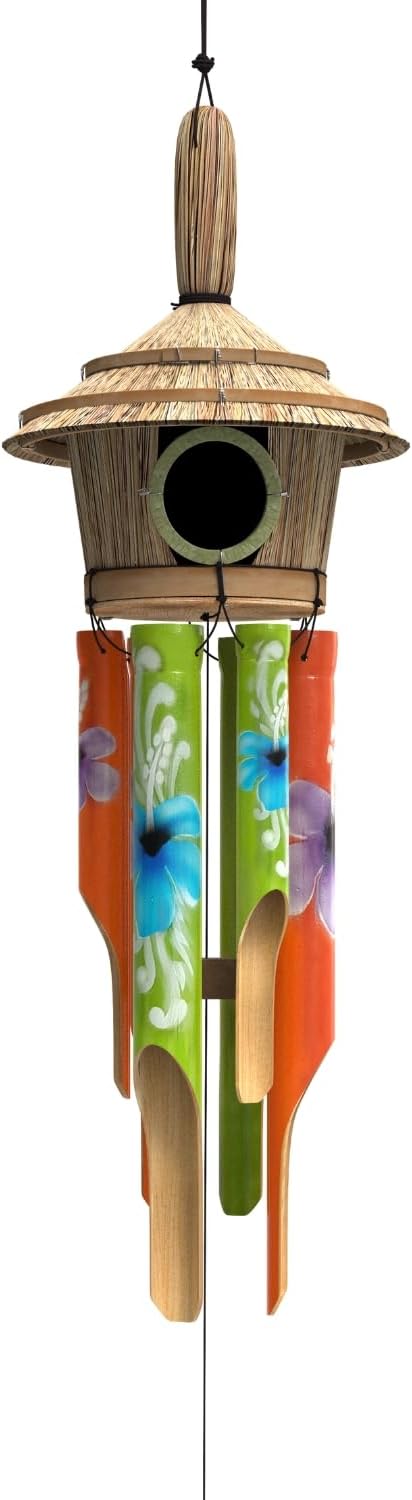 Nalulu House Bamboo Wind Chimes - Outside Outdoor Wooden Windchimes with Birdhouse, Handcrafted with Calming Deep Tones, Perfect Home Decor or Gift for Him and Her