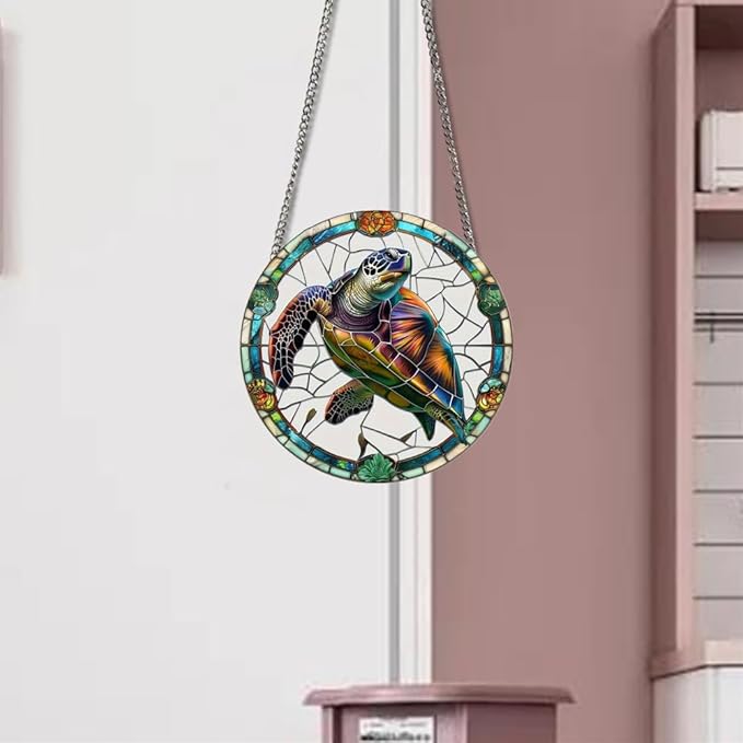 Colorful Turtles Stained Glass Window Hangings with Chain – Acrylic Turtle Ornament for Garden, Patio and Indoor Decor, Housewarming Gift for Mom, Grandma and Marine Life Lovers