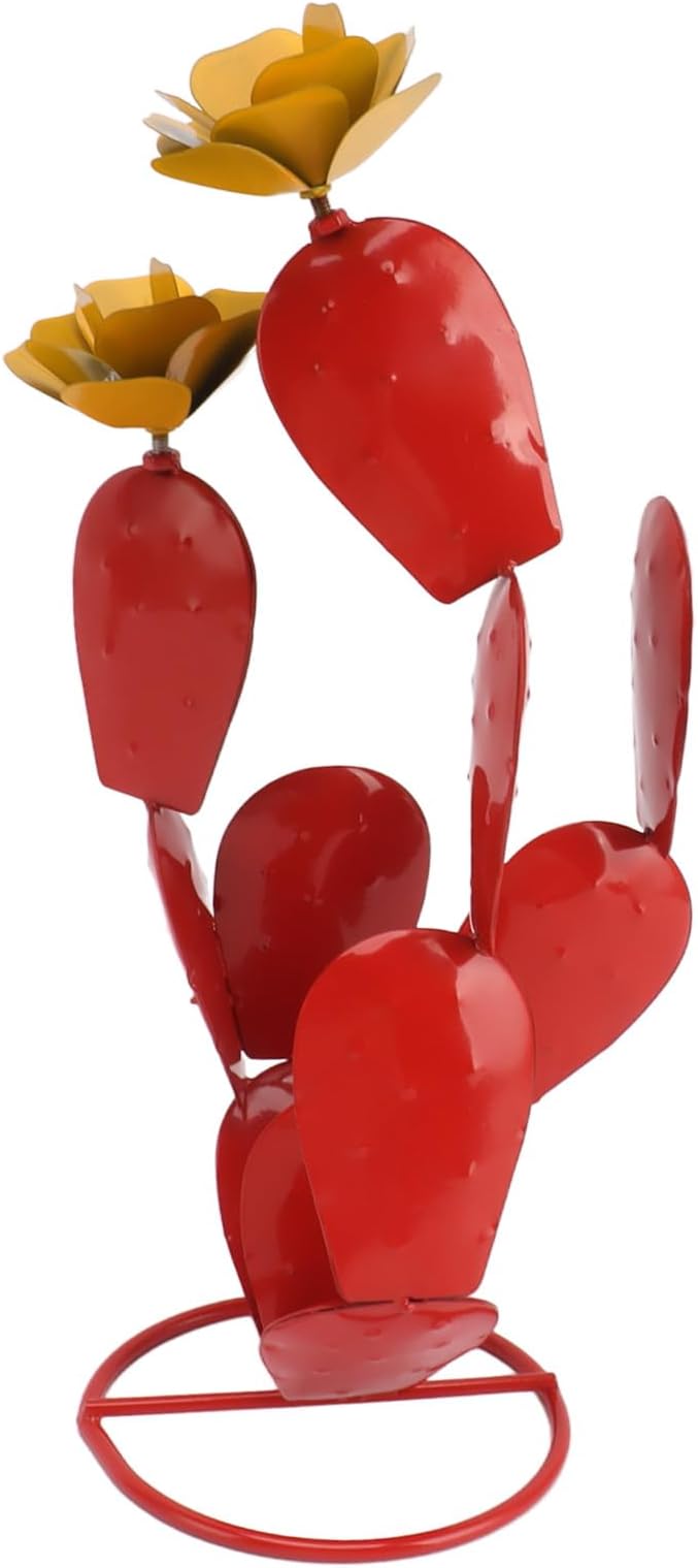 Gavigain Metal Cactus Decorative Sculpture Home Decor Statue, Prickly Pear Cactus with Flowers Iron Rustic Cactus Statue Desert Decor Sculpture for Garden Yard Lawn Patio Red