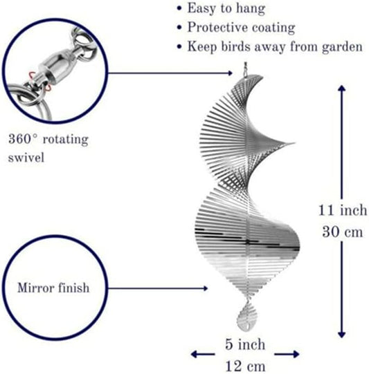 KAKAA 3D Wind Chimes Metal Helix Spinners Silver for Backyard Outdoor Hanging Decor Garden Ornaments