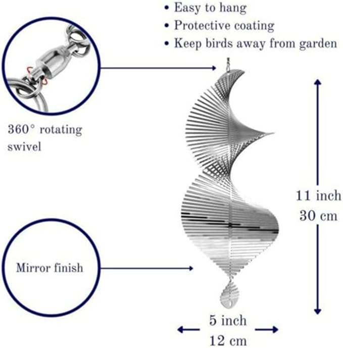 KAKAA 3D Wind Chimes Metal Helix Spinners Silver for Backyard Outdoor Hanging Decor Garden Ornaments