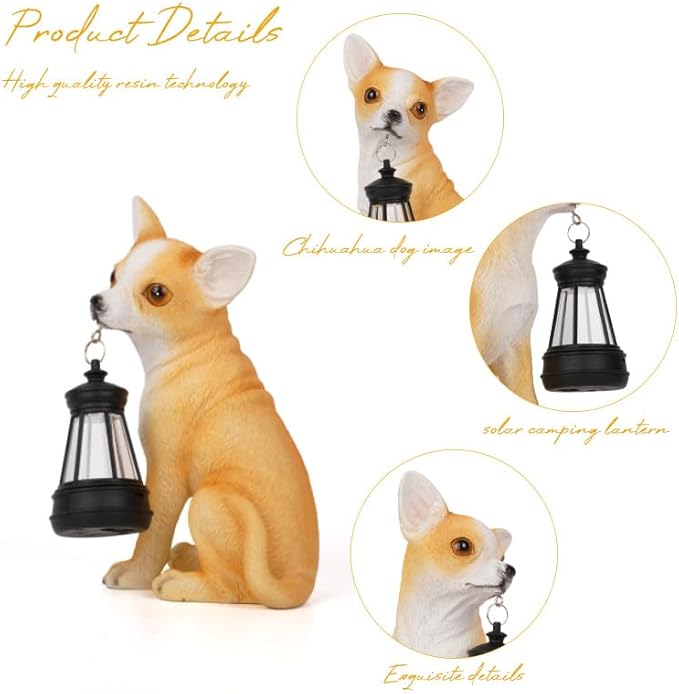 Chihuahua Garden Statues with Solar Lantern, Outdoor Figurine Resin Sculpture Hanging Solar Power Lights for Decoration Yard Patio Balcony Lawn Ornament Art Decor, Unique Gift for Grandma Wowen Mom