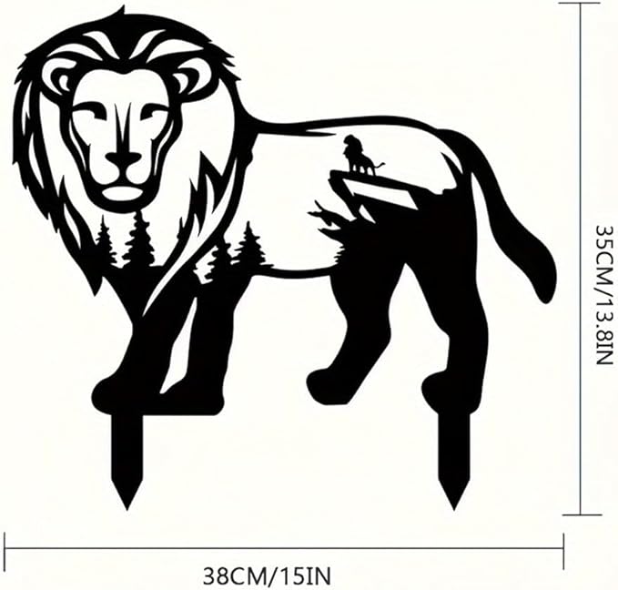 Garden Decorations Lion Metal Art Stake - Black Silhouette with Pine Tree Figure Design, Freestanding Outdoor Lawn Ornament for Yard Independence Day Decor - 38x35cm, Metal Statue