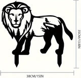 Garden Decorations Lion Metal Art Stake - Black Silhouette with Pine Tree Figure Design, Freestanding Outdoor Lawn Ornament for Yard Independence Day Decor - 38x35cm, Metal Statue