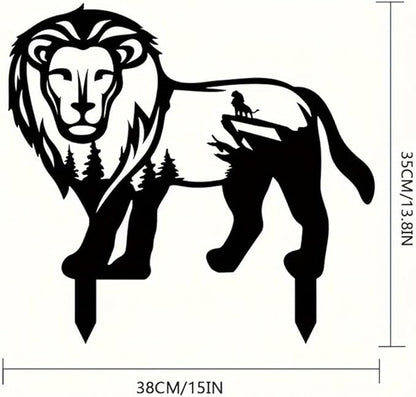 Garden Decorations Lion Metal Art Stake - Black Silhouette with Pine Tree Figure Design, Freestanding Outdoor Lawn Ornament for Yard Independence Day Decor - 38x35cm, Metal Statue