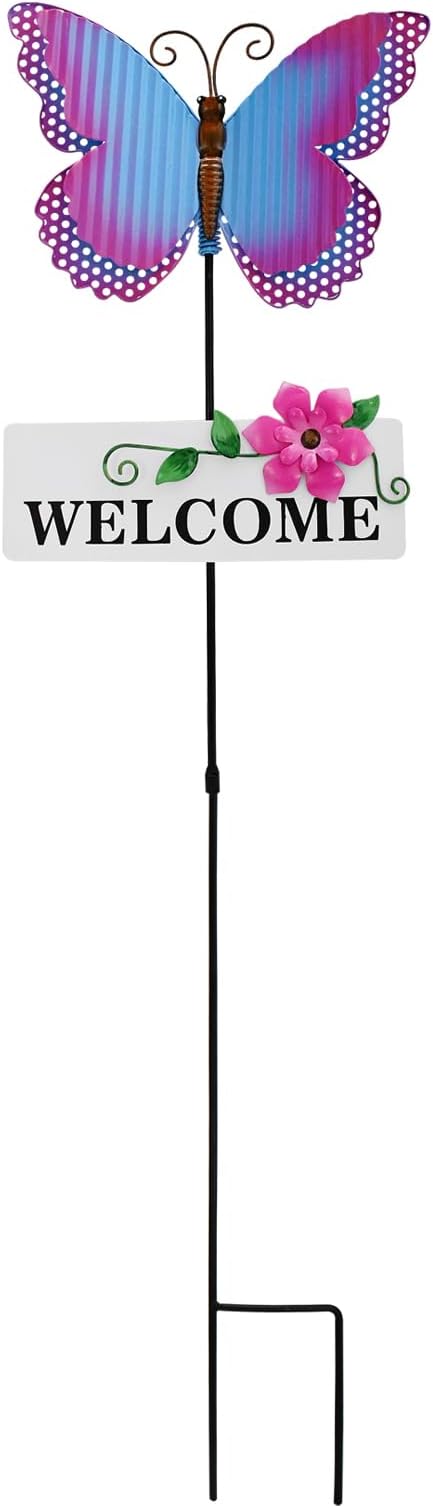 Garden Decor Metal Welcome Yard Stakes Spring Lawn Art Patio Decorative Plant Stake for Flower Pot Pathway Porch Backyard Indoor Outdoor Decoration (Butterfly)