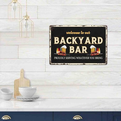 SCAZOMV Welcome To Our Backyard Bar & Grill Metal Sign Outdoor Pool Backyard Bar Signs 12"X8" Tin Sign