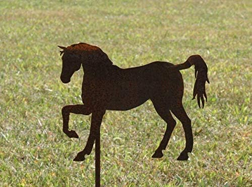 Pets and Farm Animals Metal Garden Landscape Stake (9" Wide Horse on Stake, Naturally Rusted)