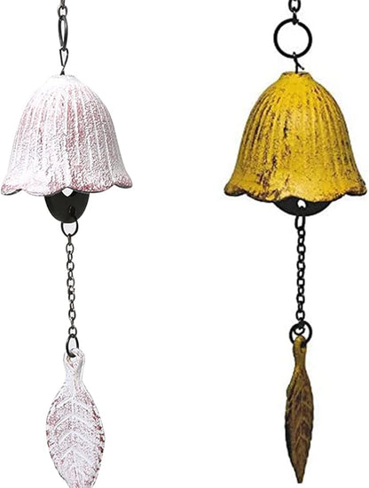 Set of 2, Japanese Traditional Lucky Small Wind Chimes for Outside, Iwachu Cast Iron Bless Wind Bell Memorial Wind Chimes Outdoor for Good Luck Garden, Patio, Balcony(Yellow and White Leaf
