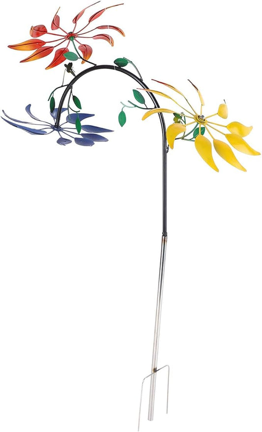Diydeg Wind Spinner, Iron Three Moving Flowers Bright Colors Colorfast Garden Wind Spinner Rustproof Easy to Assemble Garden Windmill