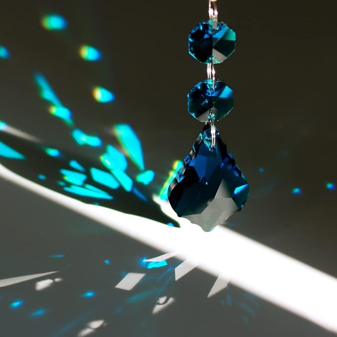 20pcs Crystal Maple Leaf Chandelier Prism Replacement Pendant Connected Glass Octagon Beads Chain for Chandelier Christmas Decoration 38mm (Peacock Blue)