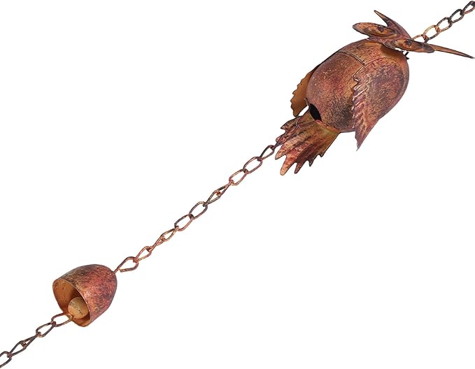 Owl Rain Chain Vintage, Bronze Metal Adjustable Rain Catcher Chain with Bells for Garden Decoration Eave Device Iron 230x11cm