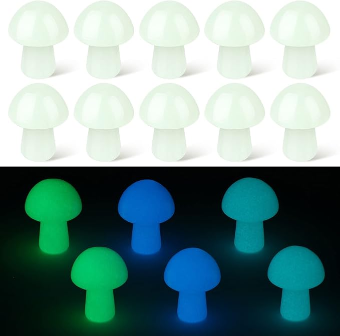 Nuenen 15 Pcs Mini Crystal Luminous Mushroom Glow in The Dark Tiny Natural Shape Hand Carving Polished Mushroom Decorations Crafts for DIY Garden Landscape