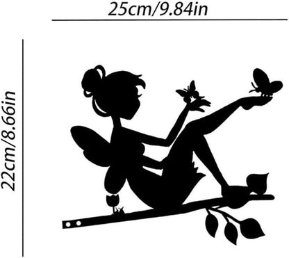 Tree On Branch Beauty Butterfly Fairy Steel Silhouette Metal Wall Art Home Garden Yard Patio Outdoor Statue Stake Decoration, Black