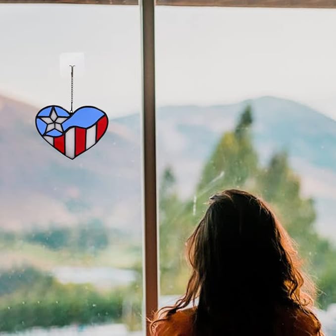 American Flag Heart Ornament, Tiffany Style Stained Glass Window Hanging, Patriotic Decor, Birthday Gift for Veteran, Men Father Grandpa Grandma