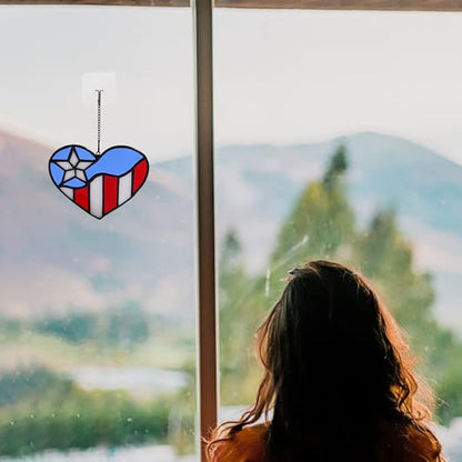 American Flag Heart Ornament, Tiffany Style Stained Glass Window Hanging, Patriotic Decor, Birthday Gift for Veteran, Men Father Grandpa Grandma