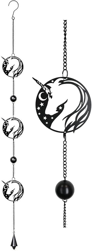 Ebros Gift Sacred Unicorn Horse with Moon and Stars Silhouette in Filigree Frame Black Coated Steel Metal Wall Hanging Wind Chime with Beads Home and Patio Decor Mobile Noisemaker