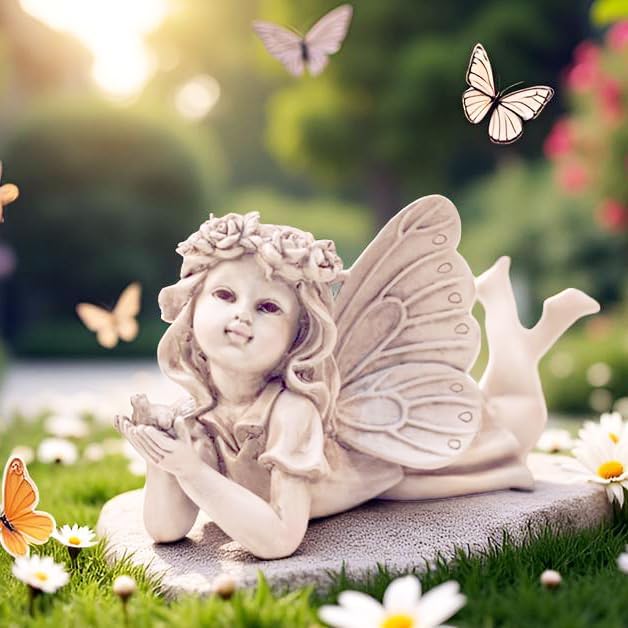 Garden Angel Statue with Bird - 11 Inch Outdoor Fairy Figurine, Weatherproof Resin Decor for Patio, Lawn & Flower Beds - Whimsical Gift for Garden Lovers, Mother's Day, Housewarming