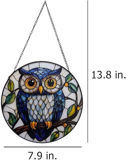 Owl Stained Glass Window Hanging Sun Catcher - Handmade Glass Window/Home Decor,Owl Gifts for Women Sun Catchers Hangings Birds Suncatcher Decor for Birthday for Women Men