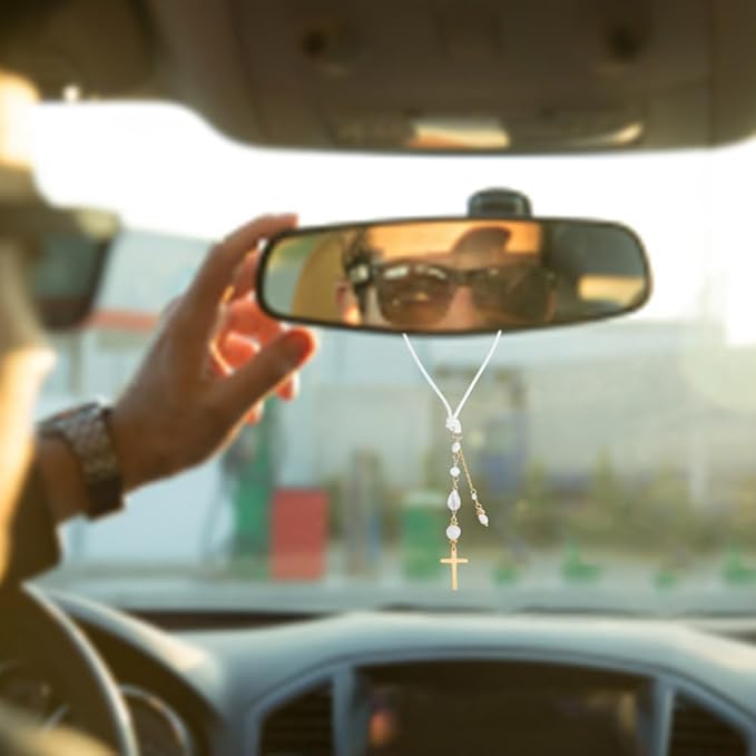 Cross Hanging Car Mirror Ornament Glass Crystal Bead Charm Suncatcher Car Mirror Pendant Accessories Good Luck Keychain for Bag Window Car Mirror Door Garden Balcony Home Decoration