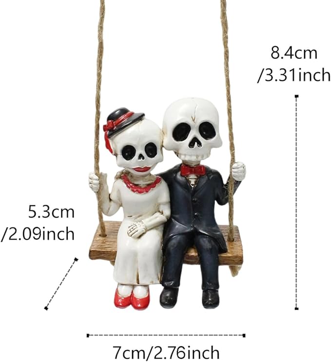 Swing Skeleton Couple Garden Statue Outdoor Halloween Decor, 3.3 Inch Cute Skull Figurine Resin Sculpture Funny Tree Hanging Ornaments for Patio Lawn Yard