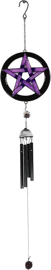Ebros Gift Purple Stained Glass Pentacle Pentagram Circle Resonant Relaxing Metal Wind Chime Suncatcher Garden Patio Accent with Gemstones and Beads