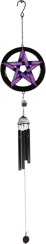 Ebros Gift Purple Stained Glass Pentacle Pentagram Circle Resonant Relaxing Metal Wind Chime Suncatcher Garden Patio Accent with Gemstones and Beads