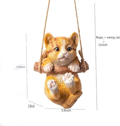 HYFAN Resin Cute Swing Small Cat Sculpture Outdoor Garden Home Office Room Hanging Decor Statue Figurine Pet Ornament Decoration with String (Orange)