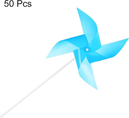 HARFINGTON 50pcs Windmills for The Yard Garden 15.7" x 9.1" 4 Leaves Pinwheels Wind Mills Spinners Windproof Waterproof Bird Devices with Stakes for Patio Decor, Light Blue