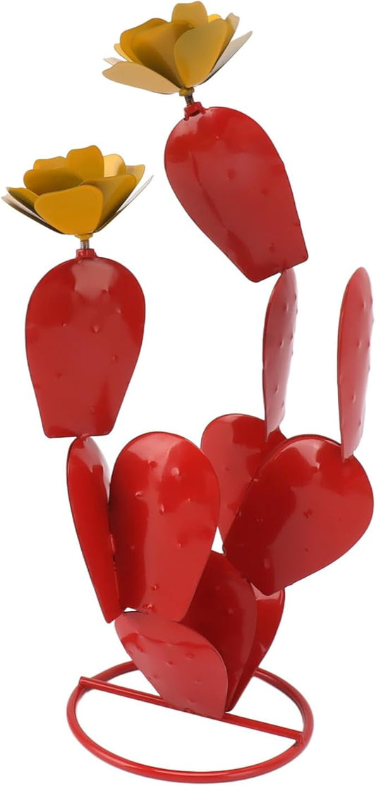 Gavigain Metal Cactus Decorative Sculpture Home Decor Statue, Prickly Pear Cactus with Flowers Iron Rustic Cactus Statue Desert Decor Sculpture for Garden Yard Lawn Patio Red