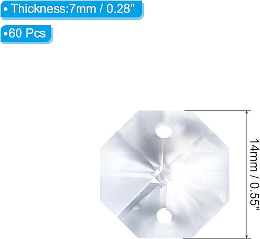 PATIKIL K9 Crystal Octagon Beads 2 Holes Pendants, 60 Pack 14mm Chandelier Prisms Parts Ornaments Hanging Beads for DIY Arts Crafts Decoration, Clear