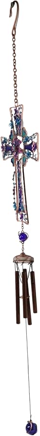 Ebros Gift Blue Floral Aquamarine Cross with Gemstones and Crystals Metal Scroll Filigree Resonant Relaxing Wind Chime 31" Long Aluminum Rods Hanging Mobile Home Patio Garden Decor