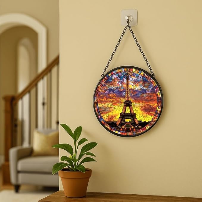Stained Glass Window Hanging - 9.8in Eiffel Tower Paris Sunset View Sun Catchers Indoor Stained Glass Panels Wall Decor for Mom，Wife，Lovers，Festive