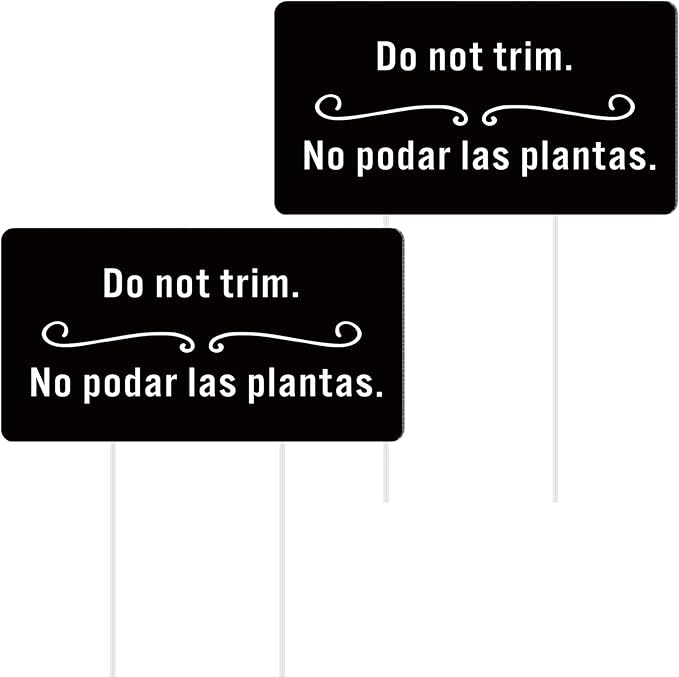 Menkxi 2 Pcs Do Not Trim Yard Signs with Plastic Stakes, 9.2'' x 4.9'' Bilingual Plant Signs Outdoor PP Material Garden Markers, 11.81'' Stake (Black)