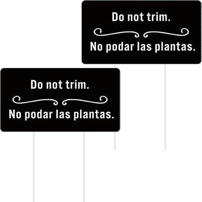 Menkxi 2 Pcs Do Not Trim Yard Signs with Plastic Stakes, 9.2'' x 4.9'' Bilingual Plant Signs Outdoor PP Material Garden Markers, 11.81'' Stake (Black)