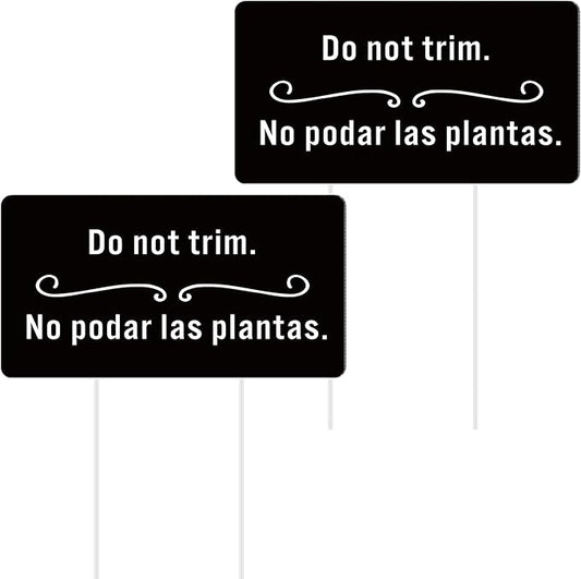 Menkxi 2 Pcs Do Not Trim Yard Signs with Plastic Stakes, 9.2'' x 4.9'' Bilingual Plant Signs Outdoor PP Material Garden Markers, 11.81'' Stake (Black)