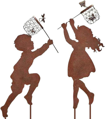 Garden Stakes,2 Pcs Boy and Girl Catching Butterflies Iron Garden Stakes Outdoor Patio Decor Artistic Yard Decorations Silhouette Yard Stakes for Farmhouse Garden and Outdoor