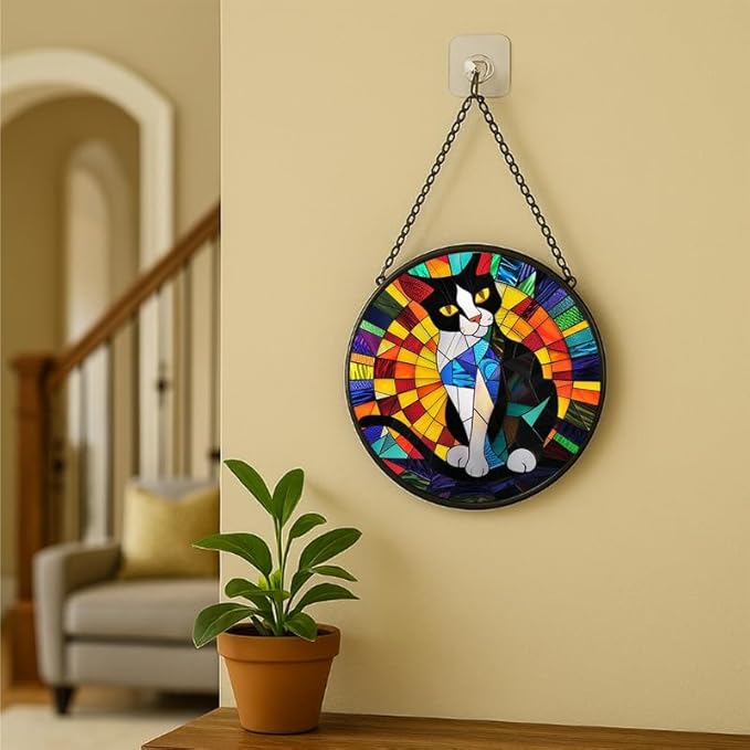 Stained Glass Window Hanging - Tuxedo Cat Rainbow Pattern 6.3in Sun Catchers Indoor Stained Glass Panels Wall Decor for Mom Wife Lovers Festive