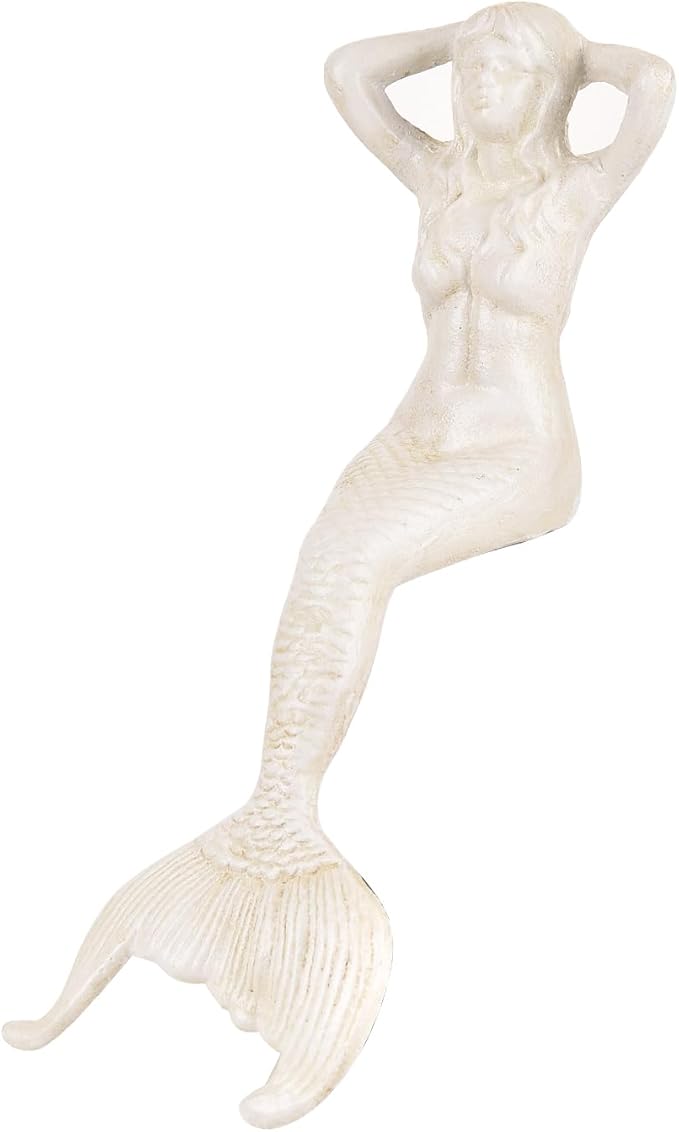 Sungmor 14.3" Tall Large Cast Iron Mermaid Statue, Sitting Mermaid Sculpture Decoration for Pool Pond Birdbath Shelf Desk, Rustic White Garden Figurines for Indoor Outdoor Fish Tank Fountain Rockeries