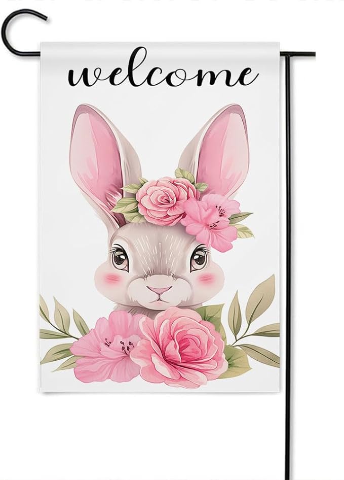 Gkyygk Garden Flag Welcome Cute Pink Rabbit Flowers Double Sided 12x18 Inch Banners Yard House Outside Outdoor Summer Decoration
