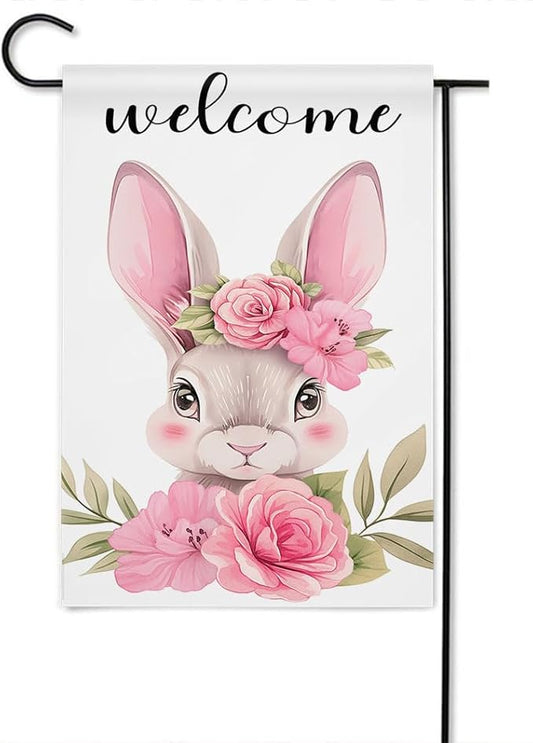 Gkyygk Garden Flag Welcome Cute Pink Rabbit Flowers Double Sided 12x18 Inch Banners Yard House Outside Outdoor Summer Decoration