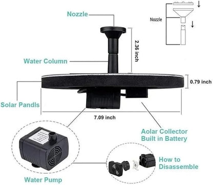 Compact Solar Bird Fountain Pump – Keep Your Garden Alive, Solar Fountain Pump for Bird Bath with 7 Spray Nozzles, Floating Fountain for Birds Bath Small Pond Garden Aquarium (7piece Nozzle Set)