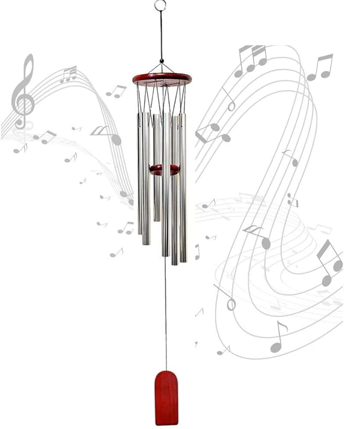 Wind Chimes - Wood and Silver Metal Windchimes - 37" Long - Wooden Wind Catcher for Home & Garden - Ideal for Porch and Garden