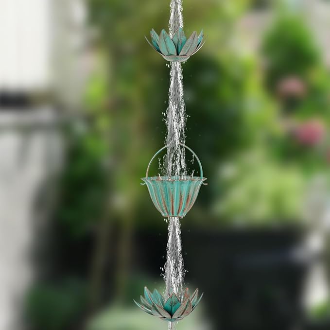 10.4FT Lotus Rain Chains for Outside, Rain Gutter Chain with 16 Cups, Adjustable Rain Catcher Chain for Eaves Drainage, Replacement for Downspout
